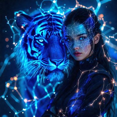 The primary subject of the image is a woman with long hair, who is posing in front of a tiger. The setting is a dark room with a blue background, creating a moody atmosphere. The visual style is a combination of a photo and digital art, with the woman's face and the tiger's head being digitally manipulated. The colors are predominantly blue, which adds to the overall mood of the image.